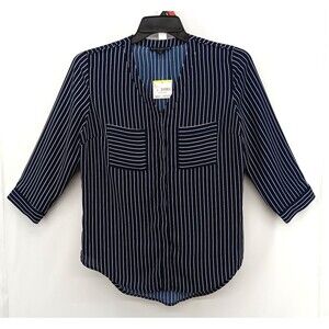 Simply Styled Blouse Womens Medium Navy Blue Pinstripe 3/4 Sleeve Button Up NWT